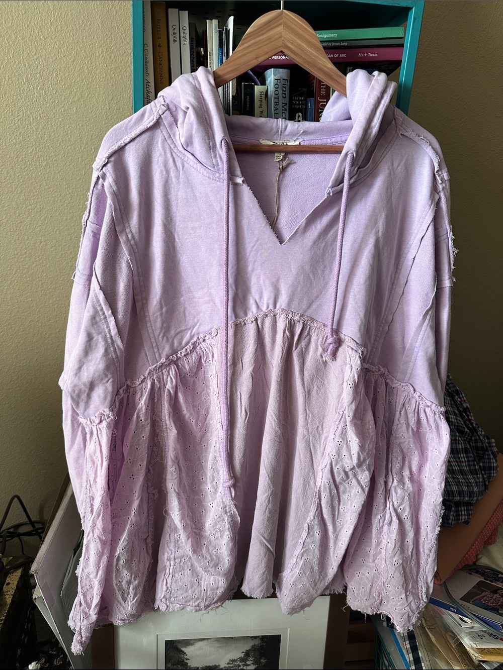 Light Lavender Hooded Pullover with Eyelet and Lightweight Cotton Tier Raw Seams